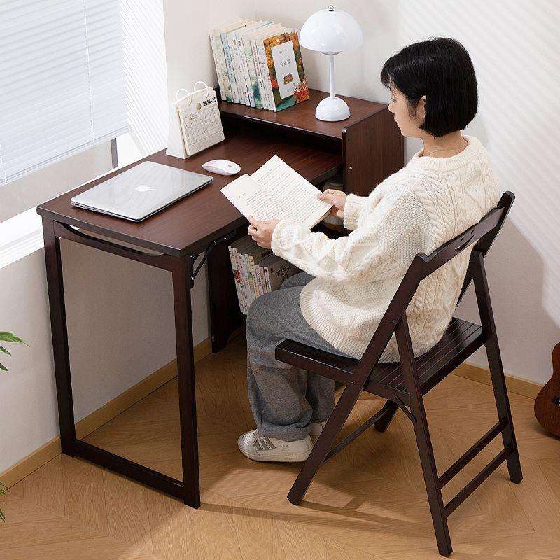 折叠书桌书柜一体小户型电脑桌家用学生儿童学习桌实木书房办公桌