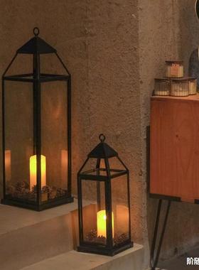 欧式黑色铁艺落地风灯钢化玻璃庭院摆件软装民宿酒店大堂户外烛台