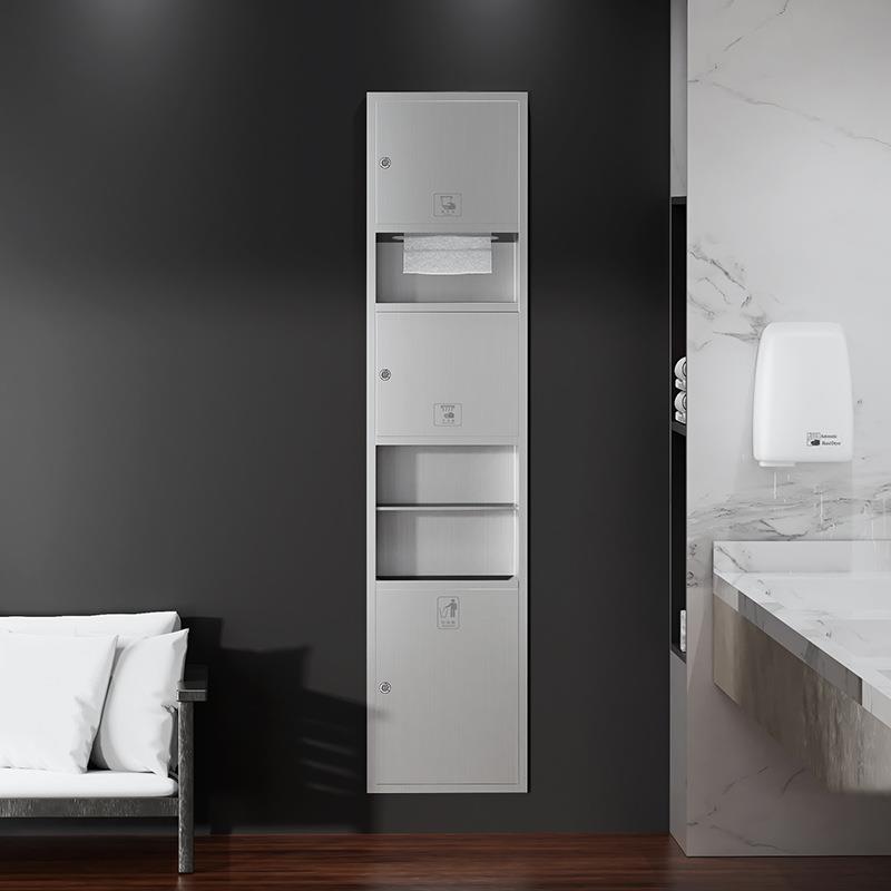 酒店三合一不锈钢擦手纸盒卫生间入墙纸巾架嵌入式手纸箱带垃