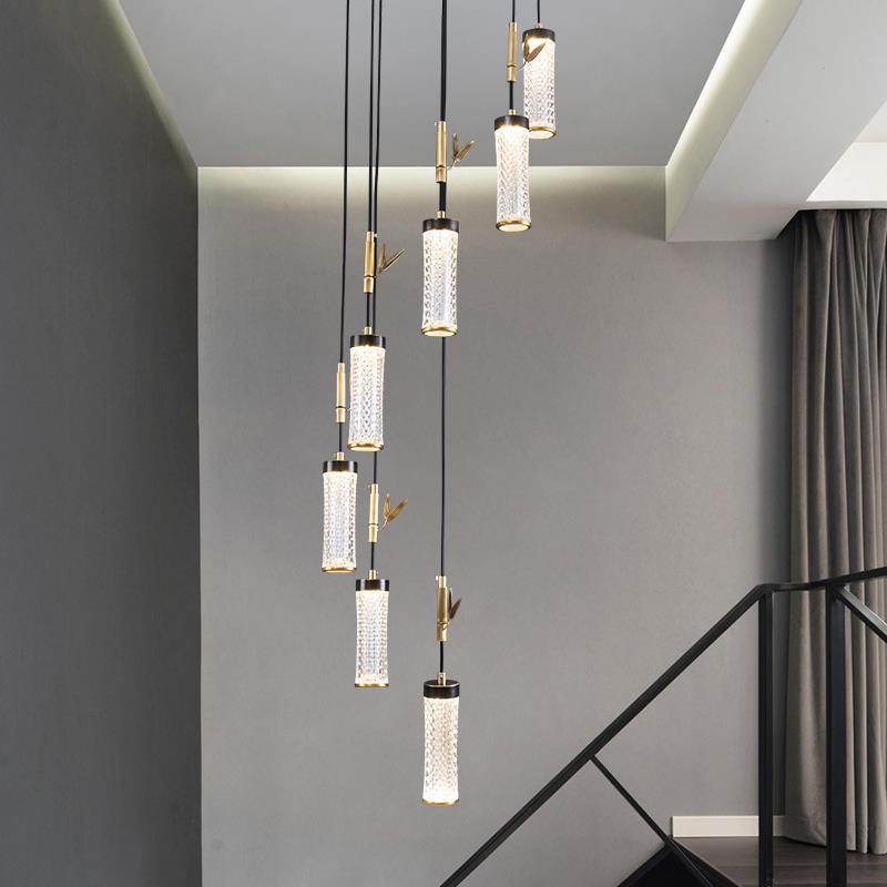 新中式楼梯吊灯现代别墅简约中式中国风酒店展厅全铜复式楼长吊灯