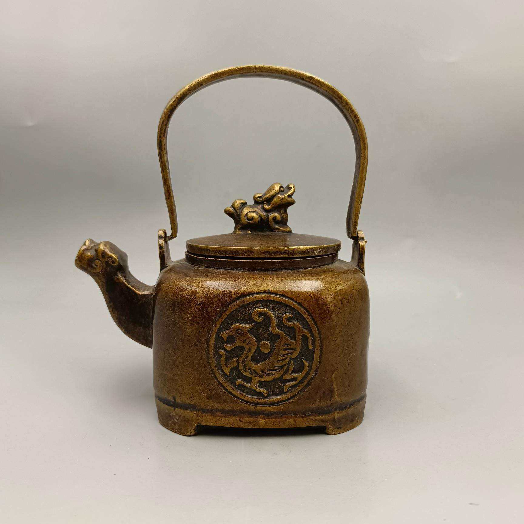 仿古龙戏珠貔貅盖铜酒壶 古玩铜器收藏铜摆件 家居装饰工艺品