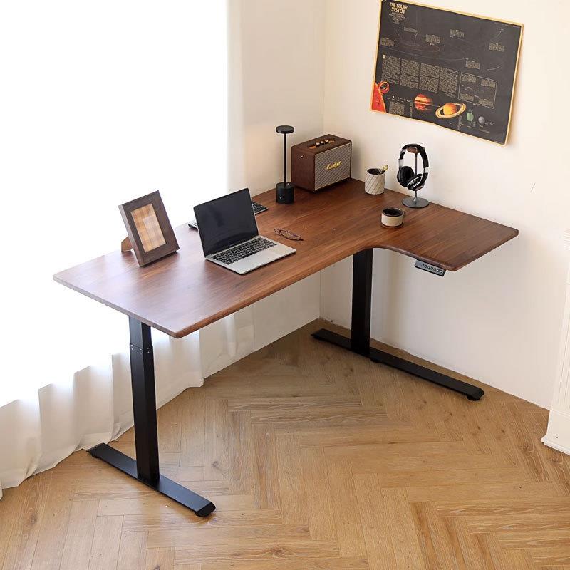 转角书桌电动实木升降桌l型拐角儿童轻奢电脑小户型办公黑胡桃木