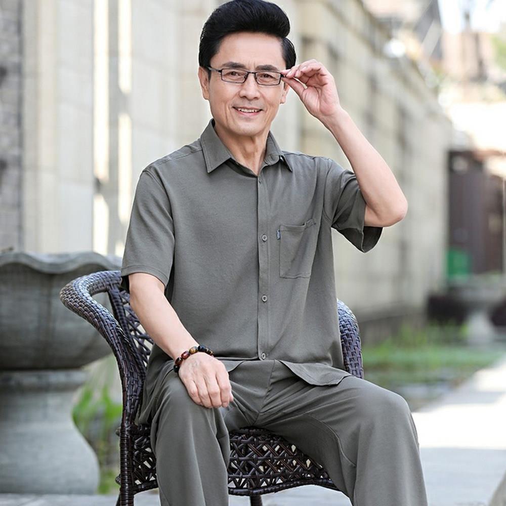 高端短袖衬衫套装男士2026夏季新款宽松冰丝中老年人爸爸爷爷衣服
