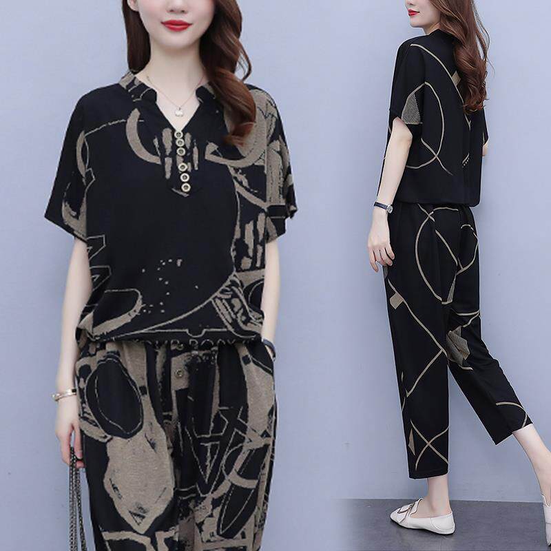 香港2025夏季新款大码女装妈妈装遮肉套装时髦减龄休闲两件套上衣