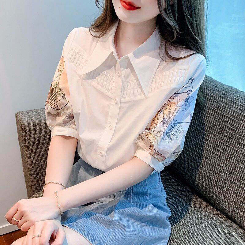 夏季短袖雪纺衬衫女装2026年新款印花上衣设计感小众女士薄款衬衣
