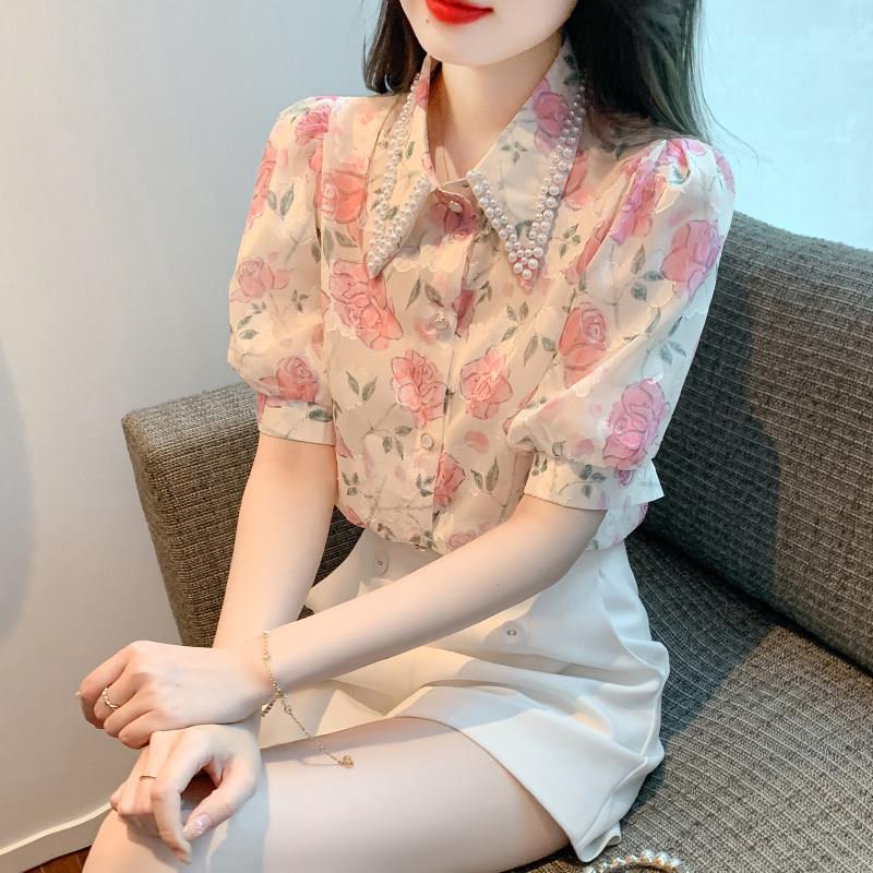 香港TIMO夏季法式粉色碎花雪纺衬衫女新款泡泡袖上衣高端短袖衬衣