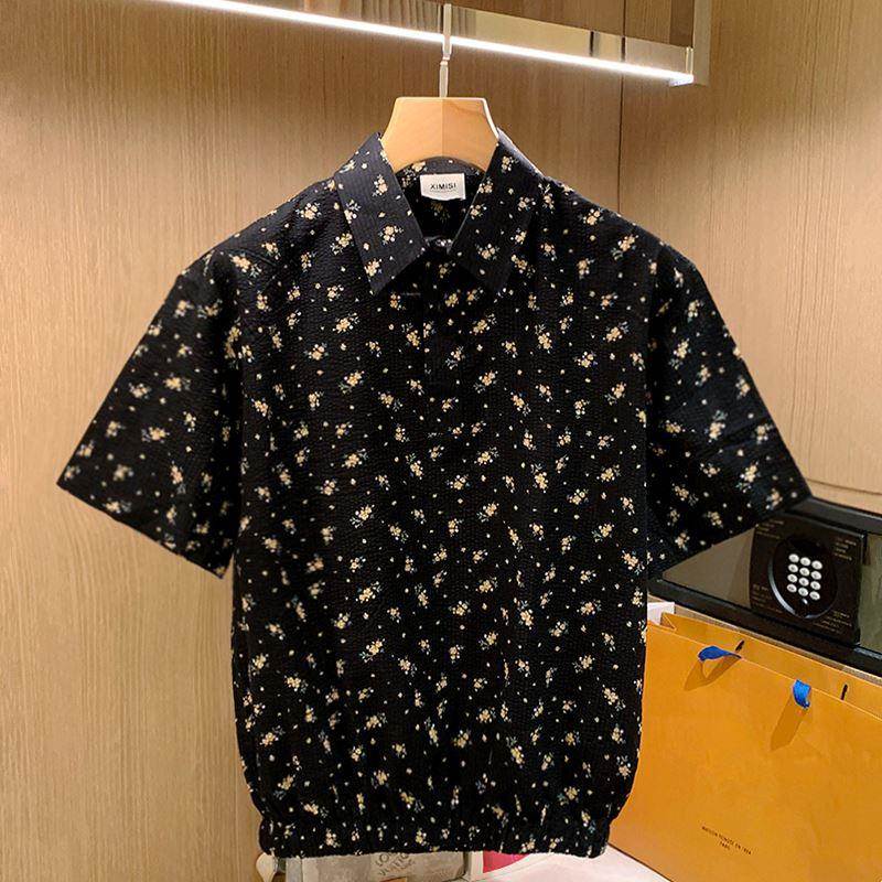 欧洲站~时尚巴黎!欧美复古翻领短袖衬衣潮流个性宽松休闲花衬衫