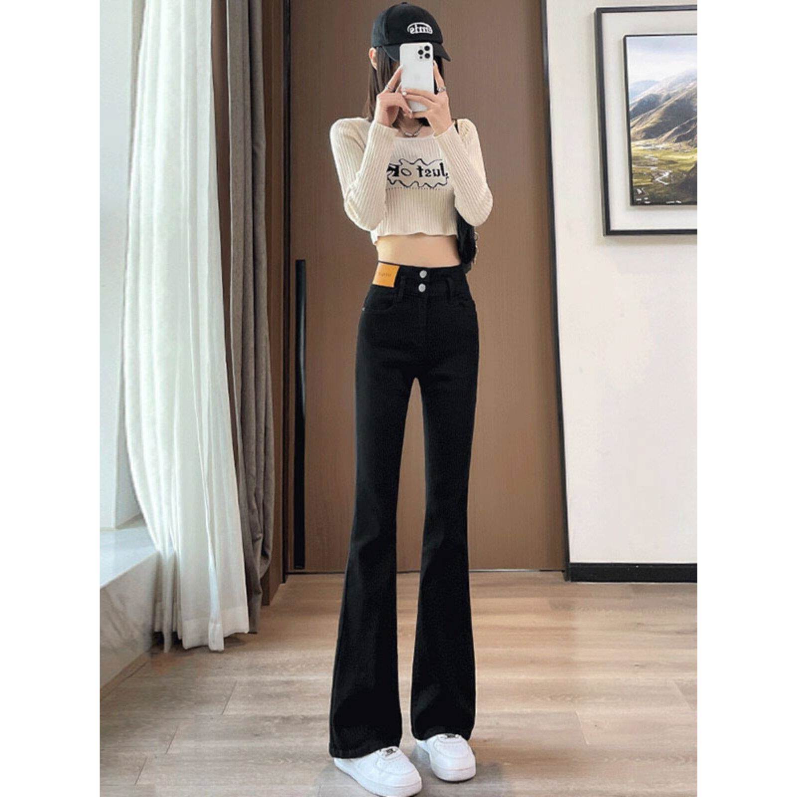 韩国黑色喇叭裤女春秋新款高腰垂感显高显瘦大码弹力微喇牛仔裤装