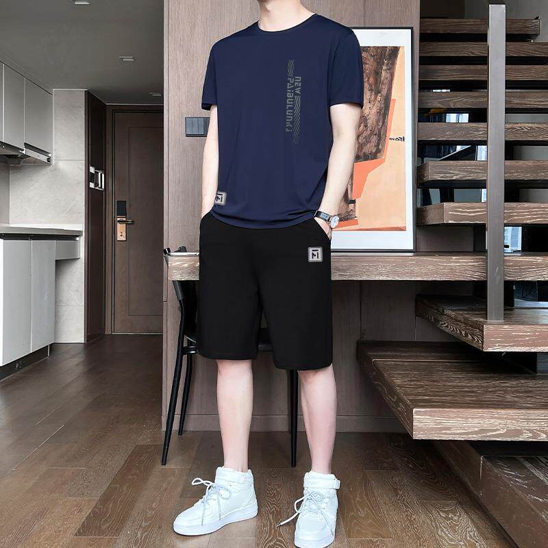 男士休闲运动套装夏季2024冰丝新款薄潮搭配一套衣服帅气短袖短裤