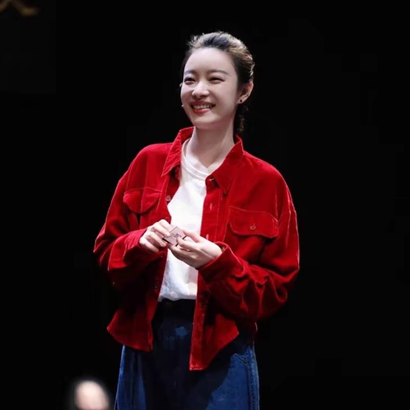 2024春季复古红色丝绒衬衫 倪妮同款短款灯芯绒夹克 红色POLO领宽