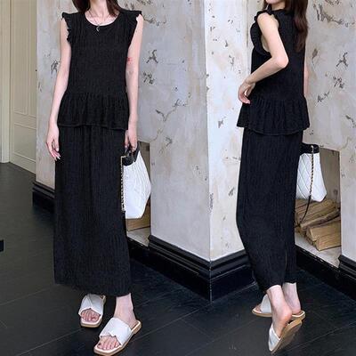 褶皱花边袖套装女夏季新款宽松拼接洋气上衣高级感简约时尚两件套