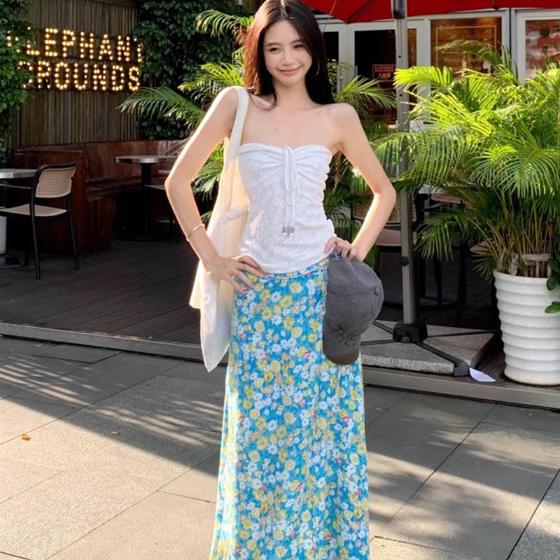 海边度假风套装法式抽绳抹胸背心上衣女夏季蓝色碎花半身裙两件套