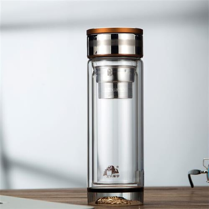 泽宇一帆风顺水晶杯双层玻璃耐热带盖滤网泡茶杯车载办公水杯 金