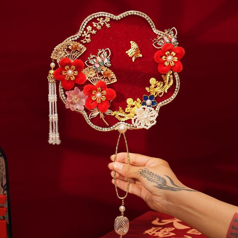 中式刺绣婚礼手捧花喜扇新娘团扇秀花汉服结婚扇子成品 diy材料包