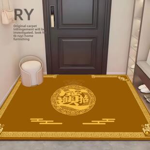 招财进宝入户地垫土黄色门口脚垫防滑耐磨新中式玄关地毯圈绒加厚