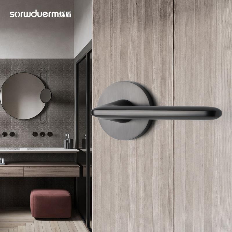 烁盾卫生间门锁室内单舌门锁静音厕所无钥匙三杠锁浴室黑色门把手