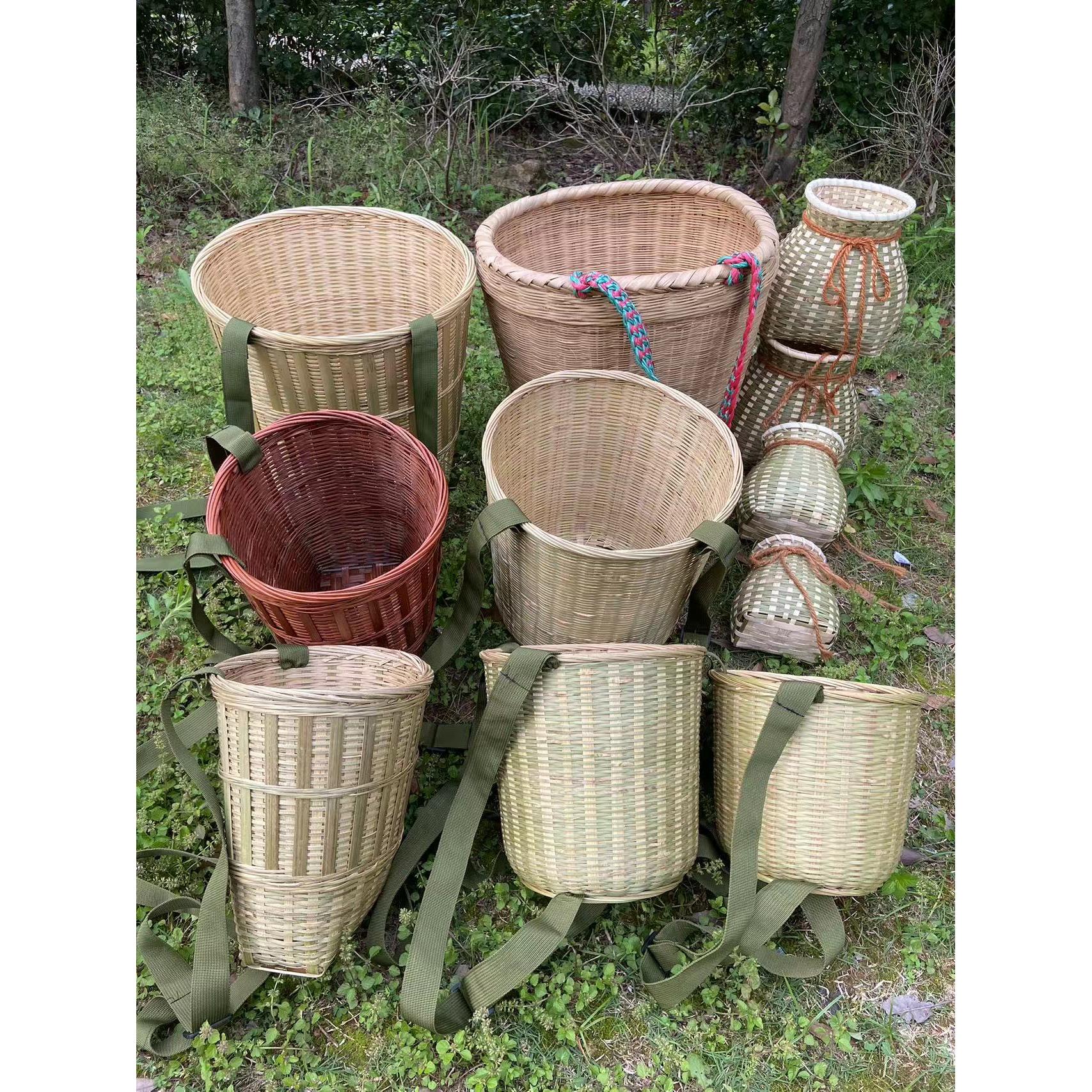 竹编圆背篓茶叶采摘竹筐舞蹈道具收纳篮精编竹篓大小号加厚承重强