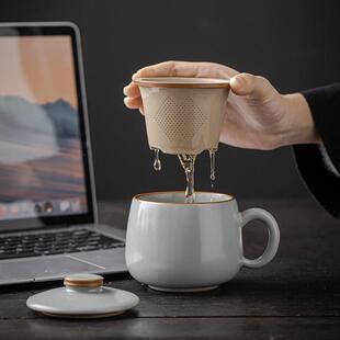 天青汝窑办公杯带盖子茶水分离陶瓷泡茶高端马克开 片可养大容量