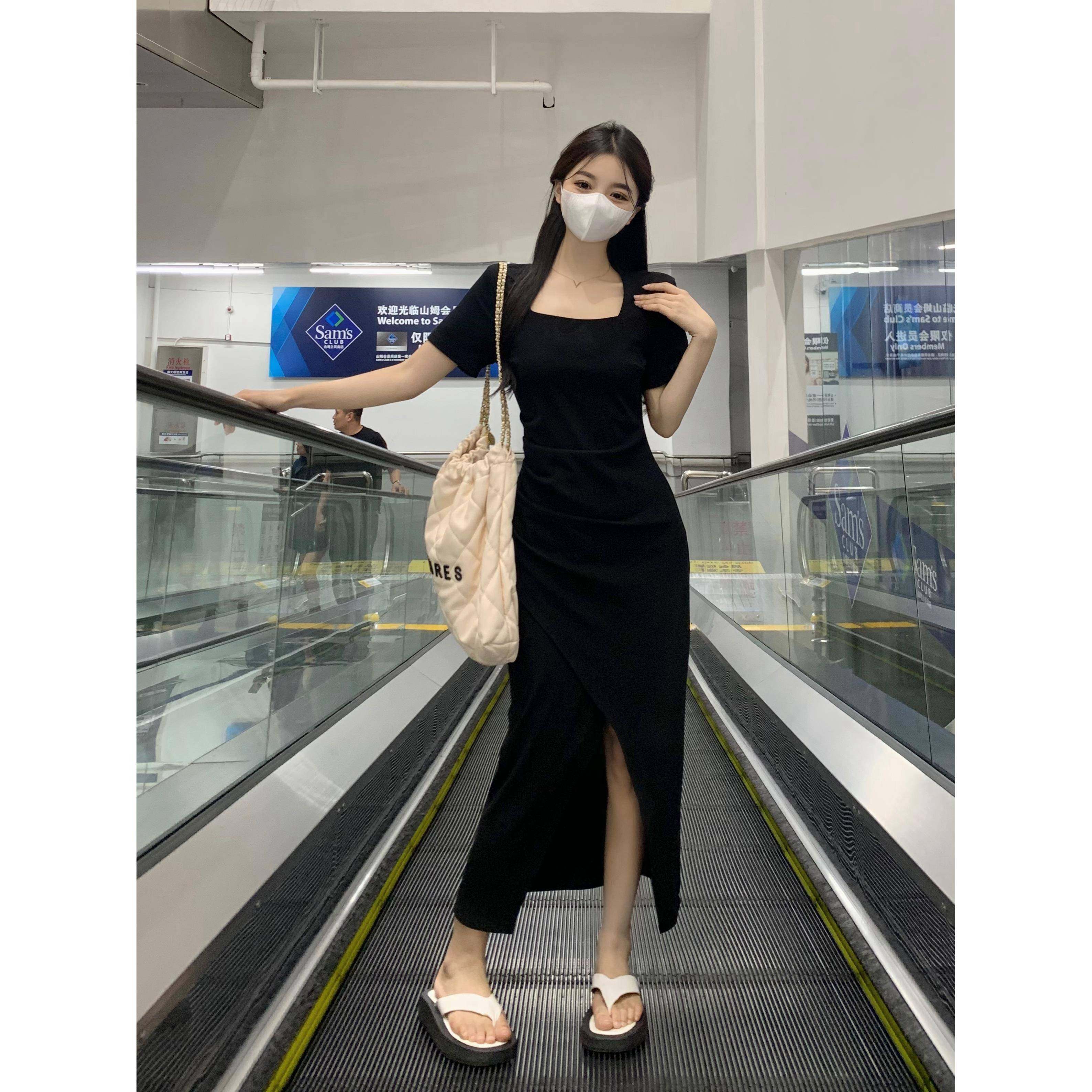 大码女装肚子赫本风收腰m显瘦连衣裙女夏胖m不遮规则方领小89295