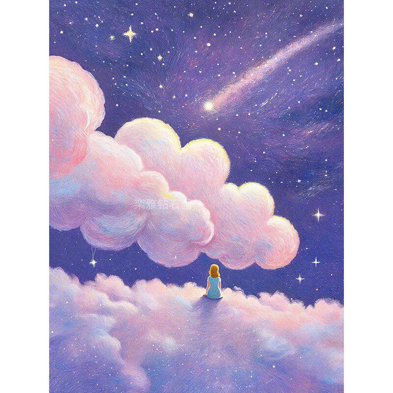 新款DIY粘贴点钻方钻满钻钻石画D钻石绣浪漫紫色星空云朵少女背影