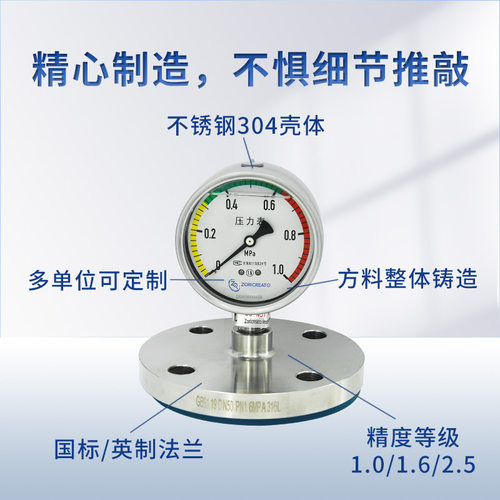 轴向径向隔膜压力表法兰连接0-10bar不锈钢水压真空可替代wika
