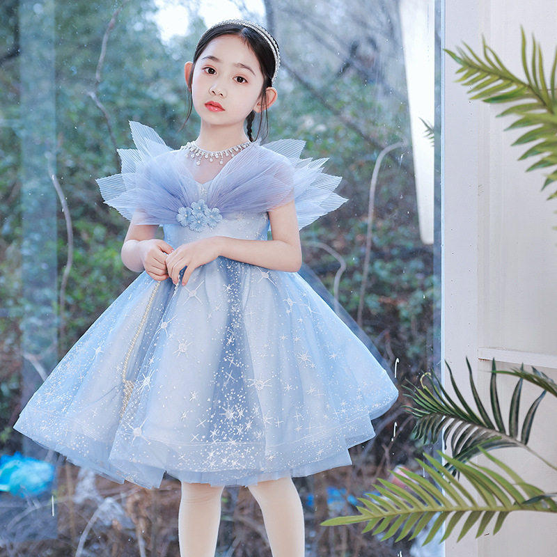 女童主持人礼服蓝色公主裙花童走秀钢琴演奏表演服轻奢婚纱裙超仙