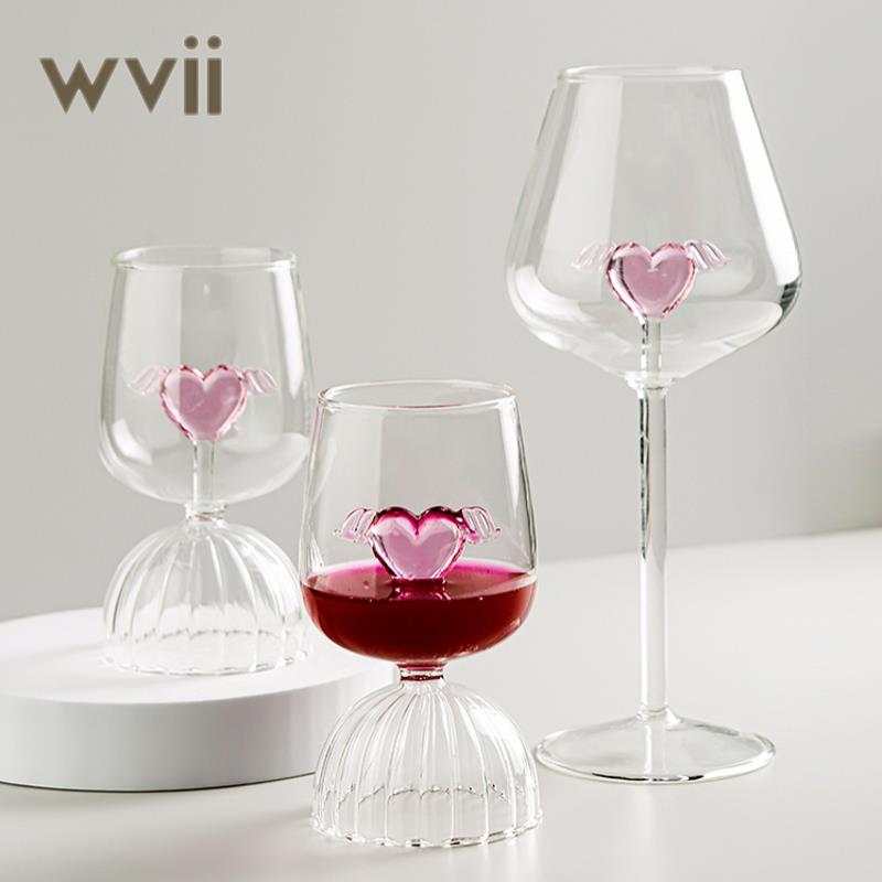网红INS风北欧创意高硼硅玻璃粉红爱心高脚杯红酒杯酒尾酒洋酒杯
