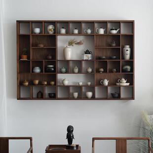 黑胡桃木博古架墙面置物架老榆木茶室收纳方格架多宝格瓷器层架
