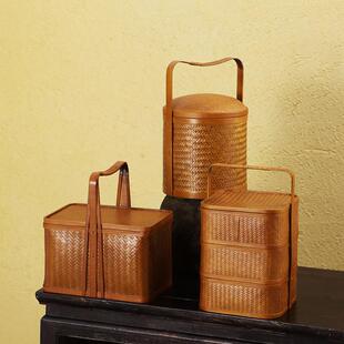 竹编提篮多层茶具收纳篮双层食盒三层礼盒藤编箱带盖子点心中式漆