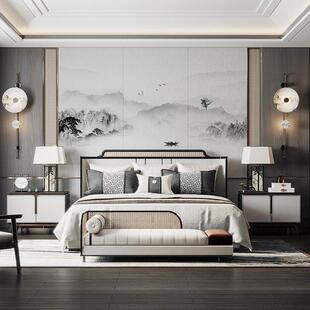 新中式布艺大床现代轻奢极简主卧实木床别墅酒店民宿高端复古家具