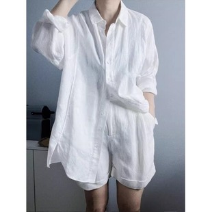 白色翻领棉麻衬衫 薄款 法式 女夏季 上衣 防晒衫 宽松显瘦休闲亚麻开衫