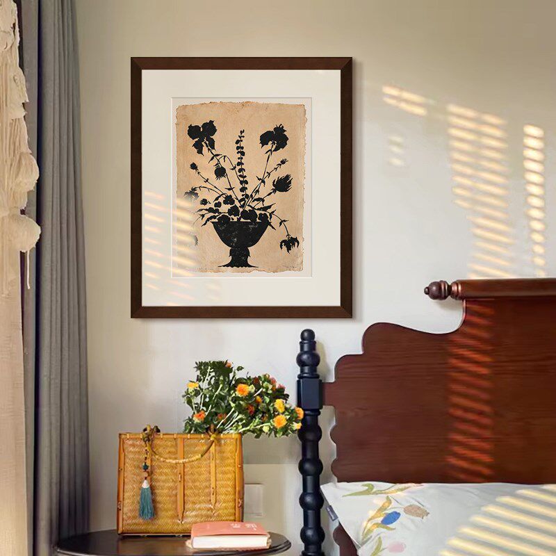 瓶花剪影中古风挂画客厅背景装饰画高级感小众老钱风书Z房走廊壁