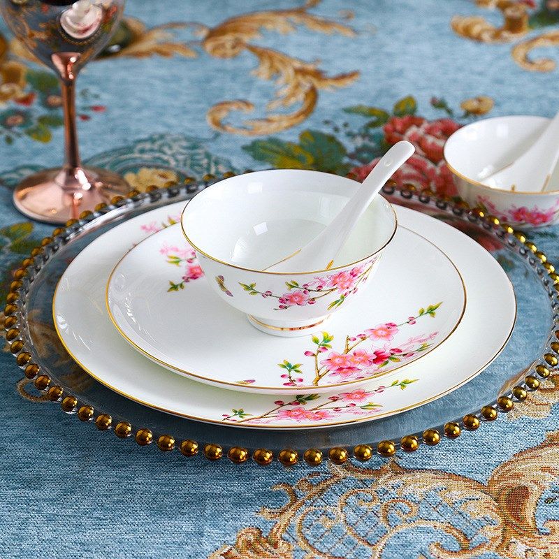 景德镇金边58头水点桃t花餐具套装单位活动陶瓷餐具套装印,餐饮具,餐具瓷器套装,淘宝优惠券,粉丝福利购,淘宝优惠卷