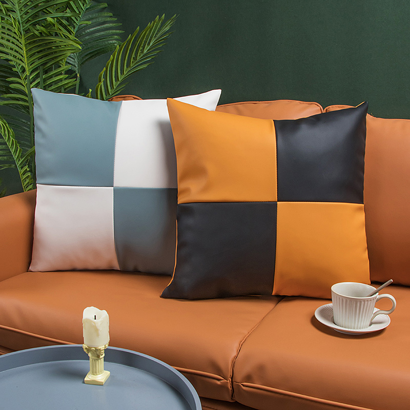 轻奢撞色十字拼接皮抱枕皮沙发靠垫客厅皮靠枕酒店别墅样板间抱枕