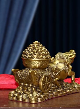 纯铜牛拉聚宝盆摆件金牛送财牛拉车生肖牛客厅办公室装饰牛拉元宝