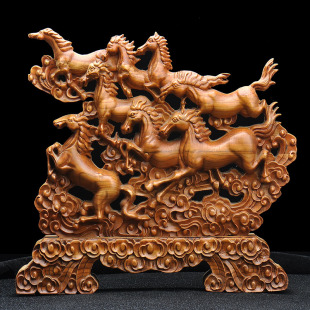 桃木马拉元宝聚宝盆木马摆件生肖马实H木雕刻木质木雕马装饰工艺