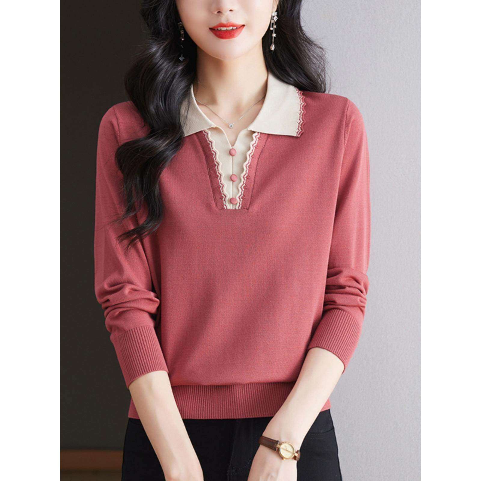 秋季翻领假两件针织羊毛衫女长袖上衣时尚洋气减龄秋冬毛衣打底衫