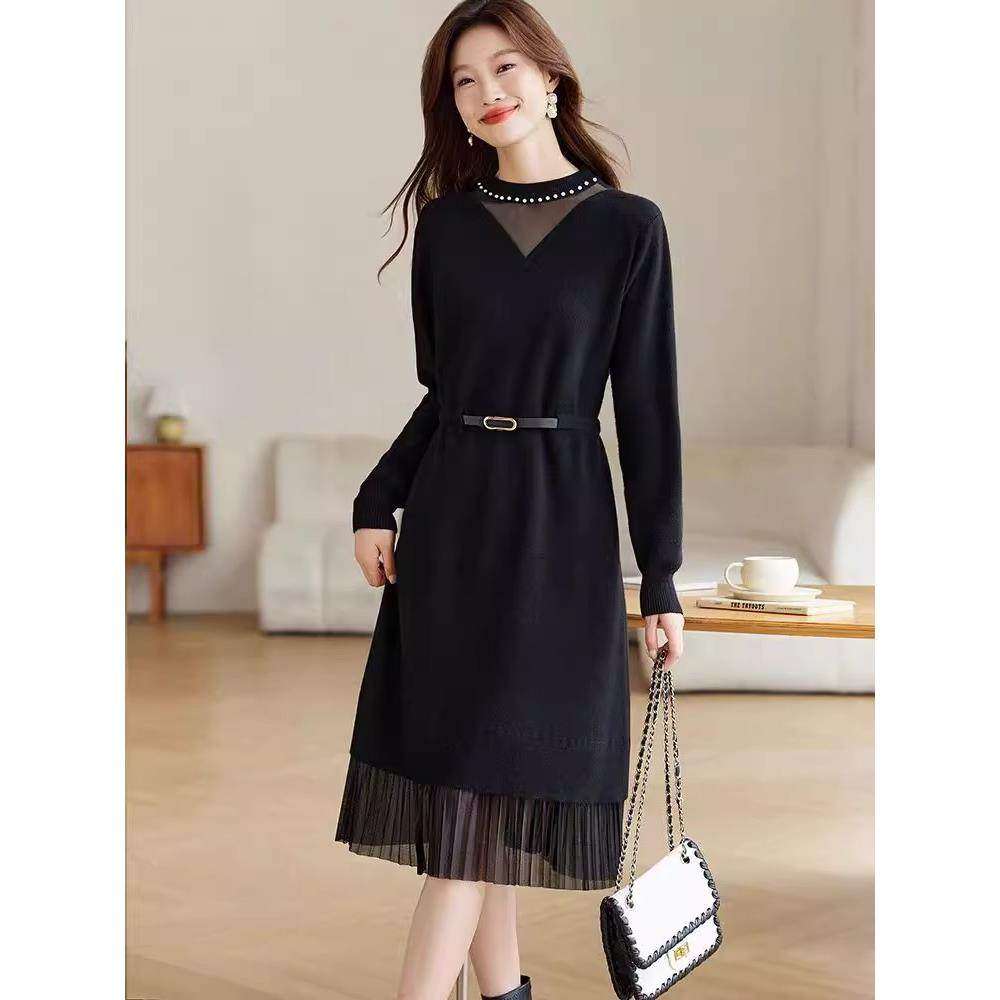 2025秋冬新款洋气连衣裙女内搭配大衣收腰显瘦中长款针织打底裙子