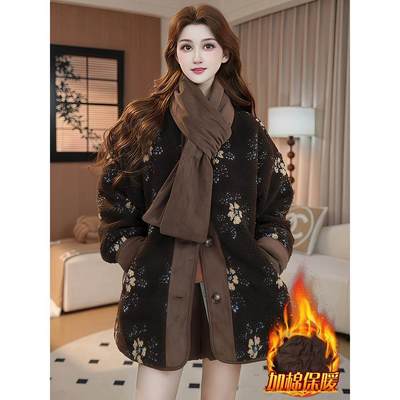 黑色提花长袖短外套女2025新款冬季加绒棉衣洋气减龄加厚保暖上衣