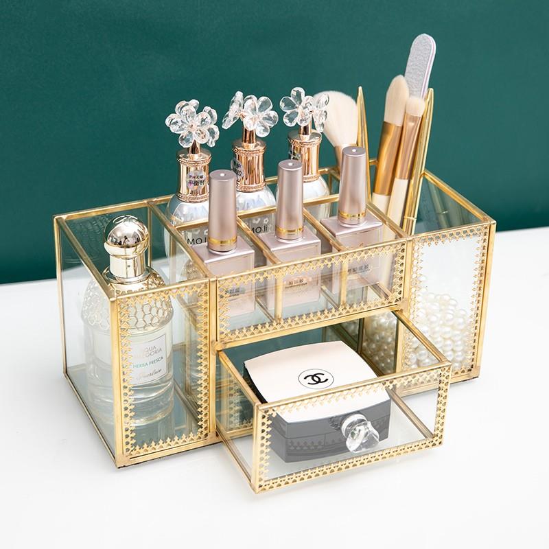 红轻奢甲化妆品笔筒护肤品玻璃收纳网盒JKS刷子桶桌面置物架美工