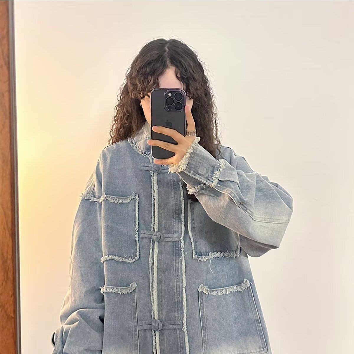 日系洗白盘扣新中式牛仔外套女春秋季美式复古bf风宽松休闲上衣潮,男装,牛仔外套,淘宝优惠券,粉丝福利购,淘宝优惠卷