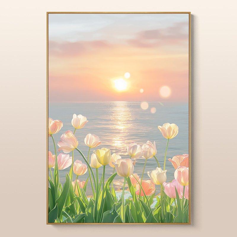 奶油风日出客厅装饰画郁金香海边风景沙发背景挂画高级感卧室壁画,家居饰品,现代装饰画,淘宝优惠券,粉丝福利购,淘宝优惠卷