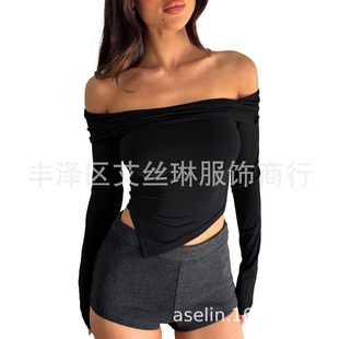 GL6730 欧美女装亚马逊跨境货 纯色不对称性感长袖双层一字领上衣