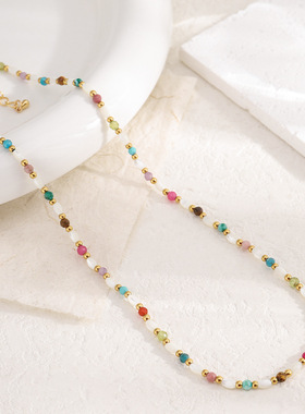 波西米亚民族风多彩天然石手工串珠项链森系小众多巴胺珍珠锁骨