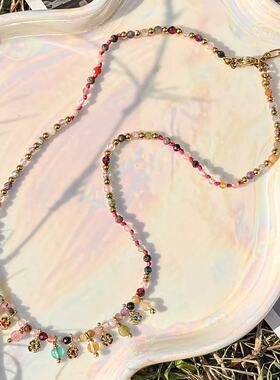 春夏新款度假风小众多宝石彩色项链小花锁骨链设计多巴胺少女配饰