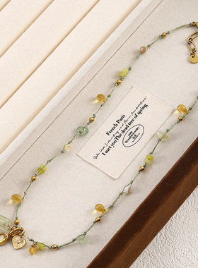 夏日风情海滩项链渐变黄绿天然石头项链多元素吊坠波西米亚锁骨