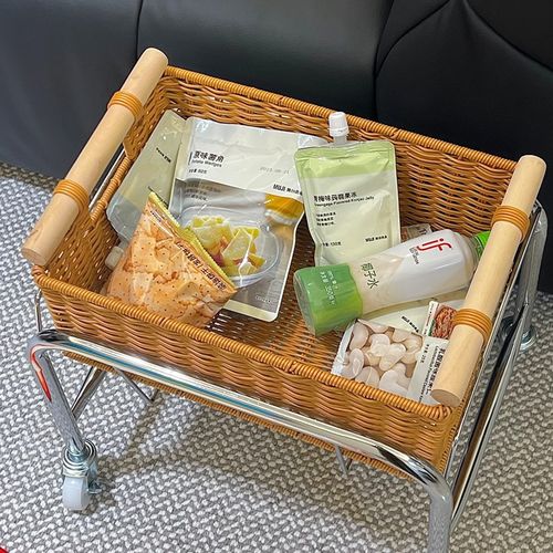 藤编零食玩具置物架家用客厅卧室收纳架子可移动小推车整理收纳篮