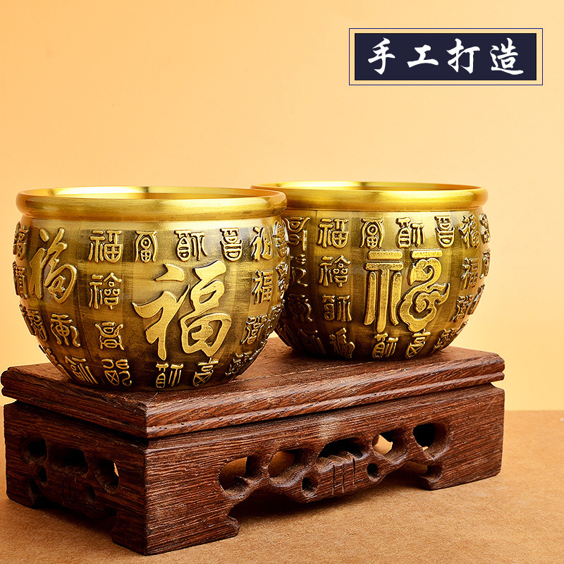 黄铜复古创意精雕小百福缸办公室客厅桌面工艺品摆件文玩小礼品