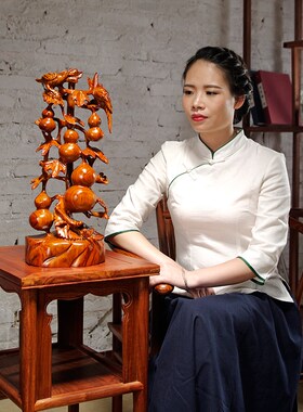 花梨木雕五福临门葫芦摆件实木家居客厅玄关酒柜电视柜红木工艺品