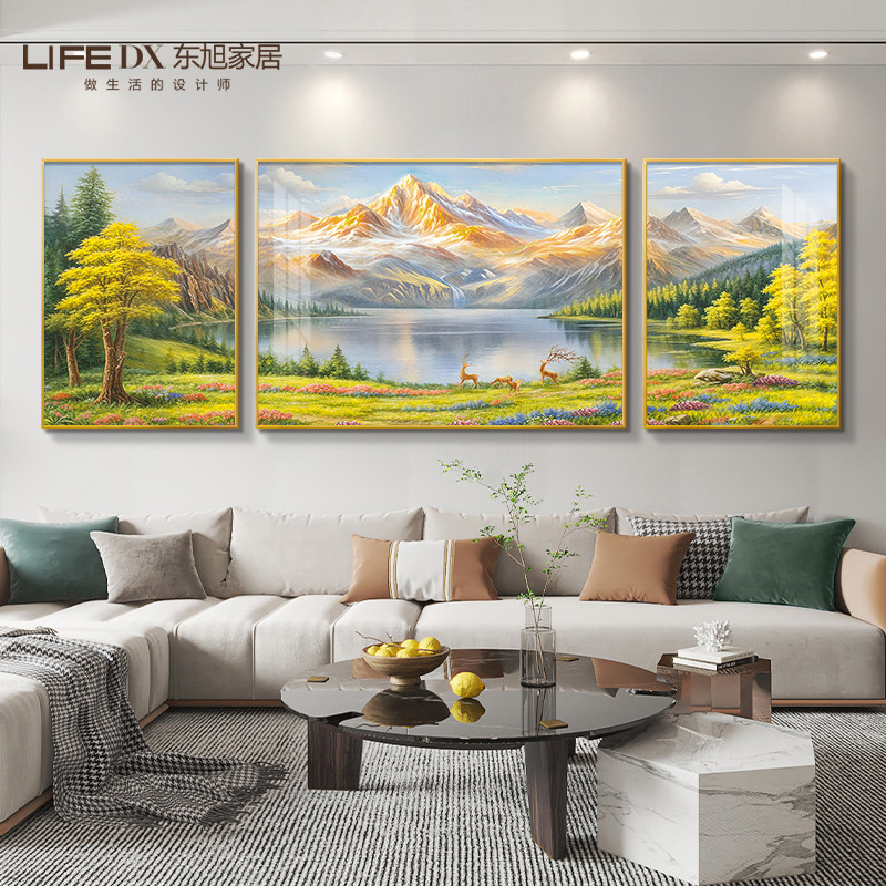 聚宝盆客厅装饰画沙发背景墙挂画2024新款轻奢高级感三联山水壁画